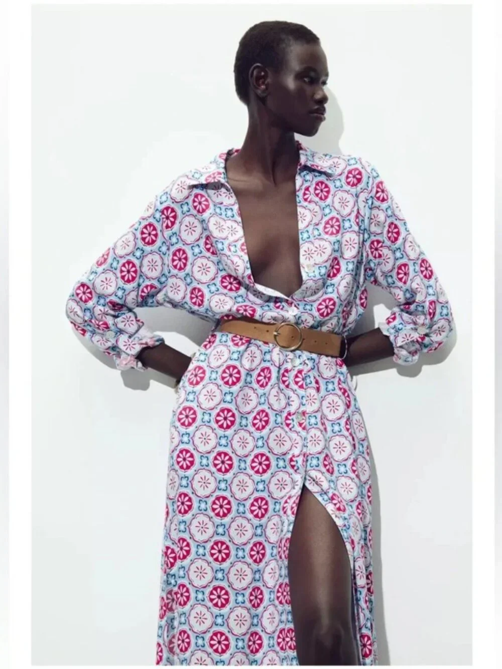 Zara Printed Belted Midi Dress